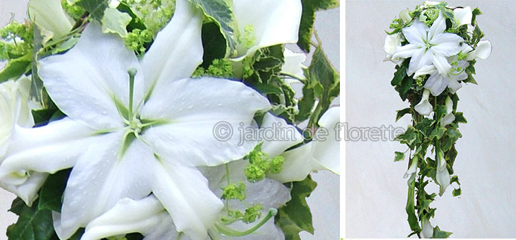 Bouquet de mariée cascade à base de lys - une très longue cascade de fleurs