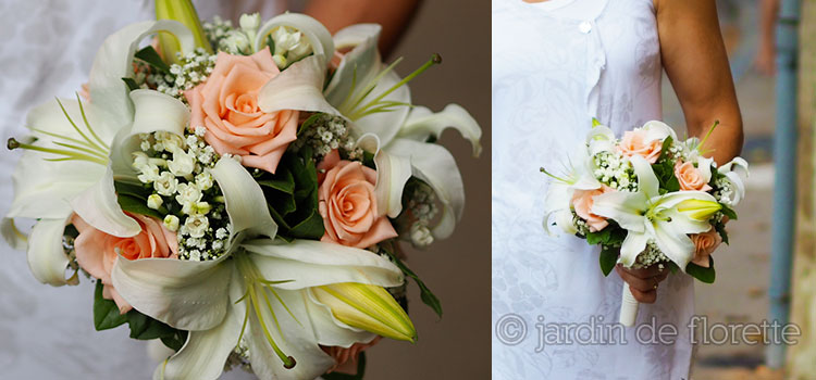 Bouquet de mariée à base de roses et de lys - saumon et blanc