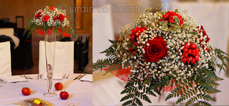 Centre de table sur verrerie conique haute à base de gypsophile et de roses rouges - Chapelle Saint Bacchi