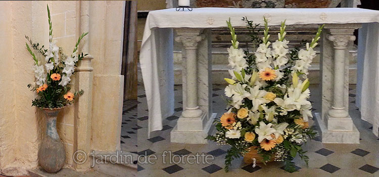 Décoration florale de l'autel et des jarres de l'église de Jouques