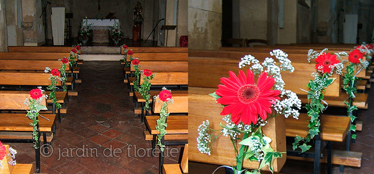 Décoration florale des bancs de l'église de Peyrolles en Provence
