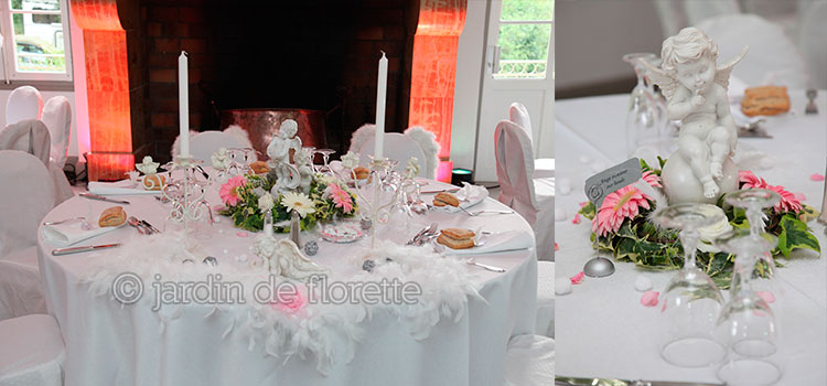 Zoom centre de table mariage anges et fleurs - manoir de Saint Hilaire (83)