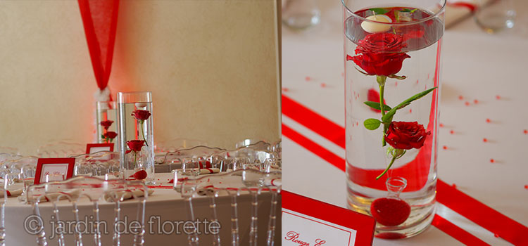 Centre de table à base de roses rouges immergées - mariage le clos des anges (Peyrolles en Provence)