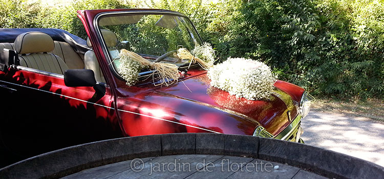 Voiture des mariés - décoration de l'avant d'une mini avec une couronne de gypsophile et coeur de roses (David Austin)